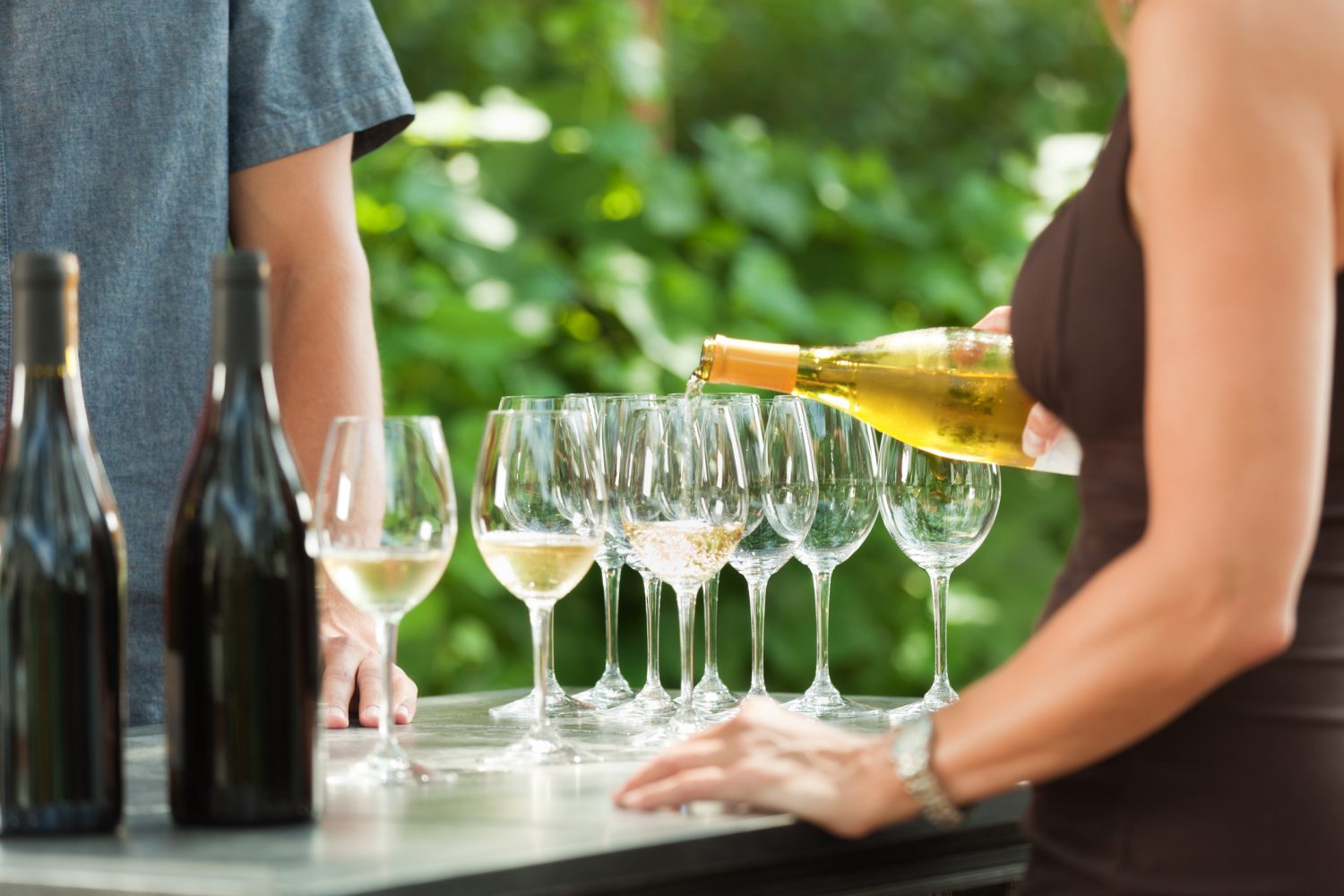 bartender pouring white wine into multiple glasses