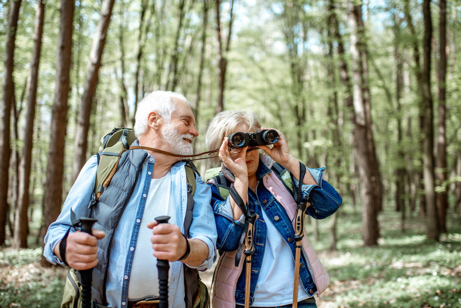 Older couple hiking through the woods birdwatching.