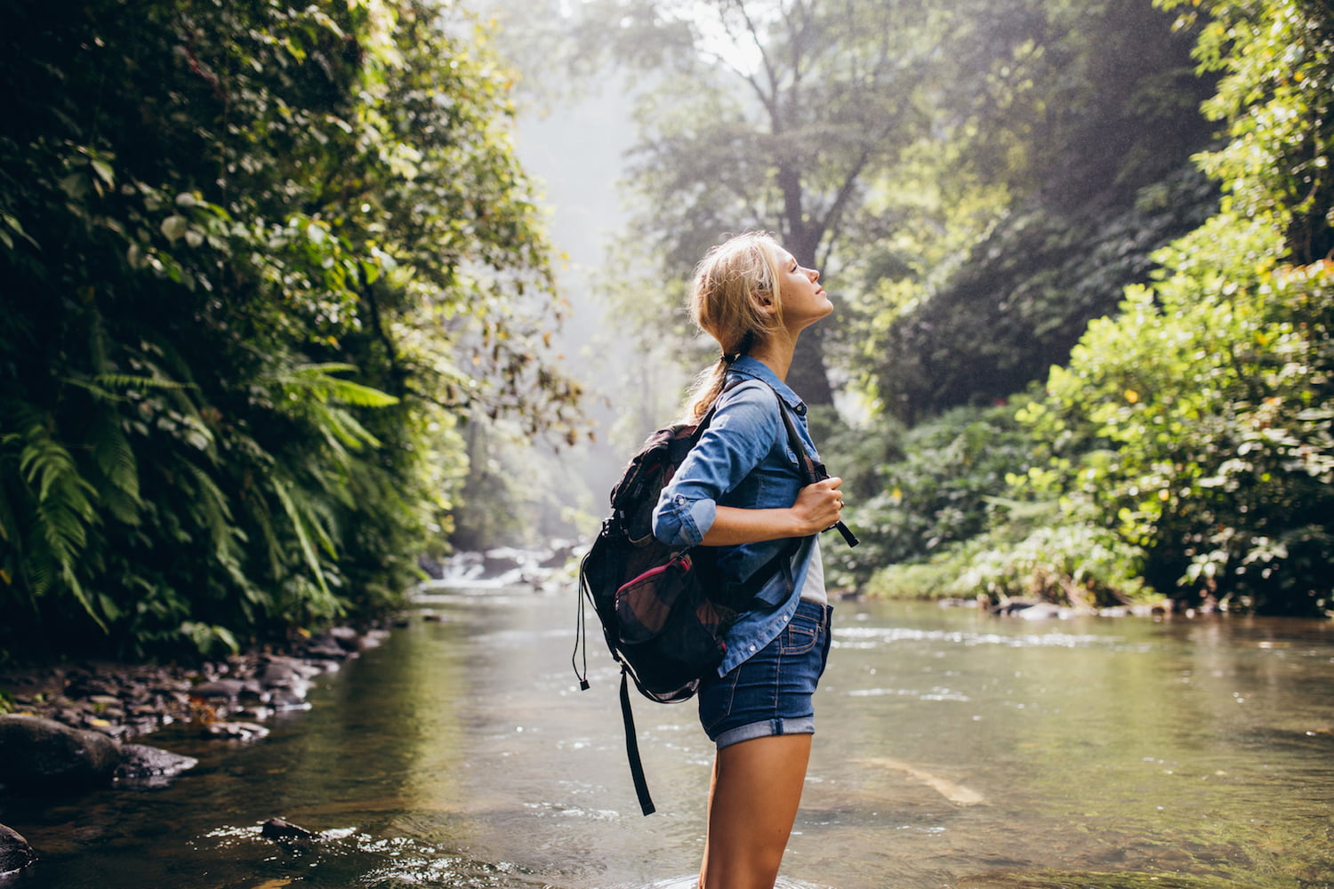 Girl hiking through a forest standing in a shallow creek.